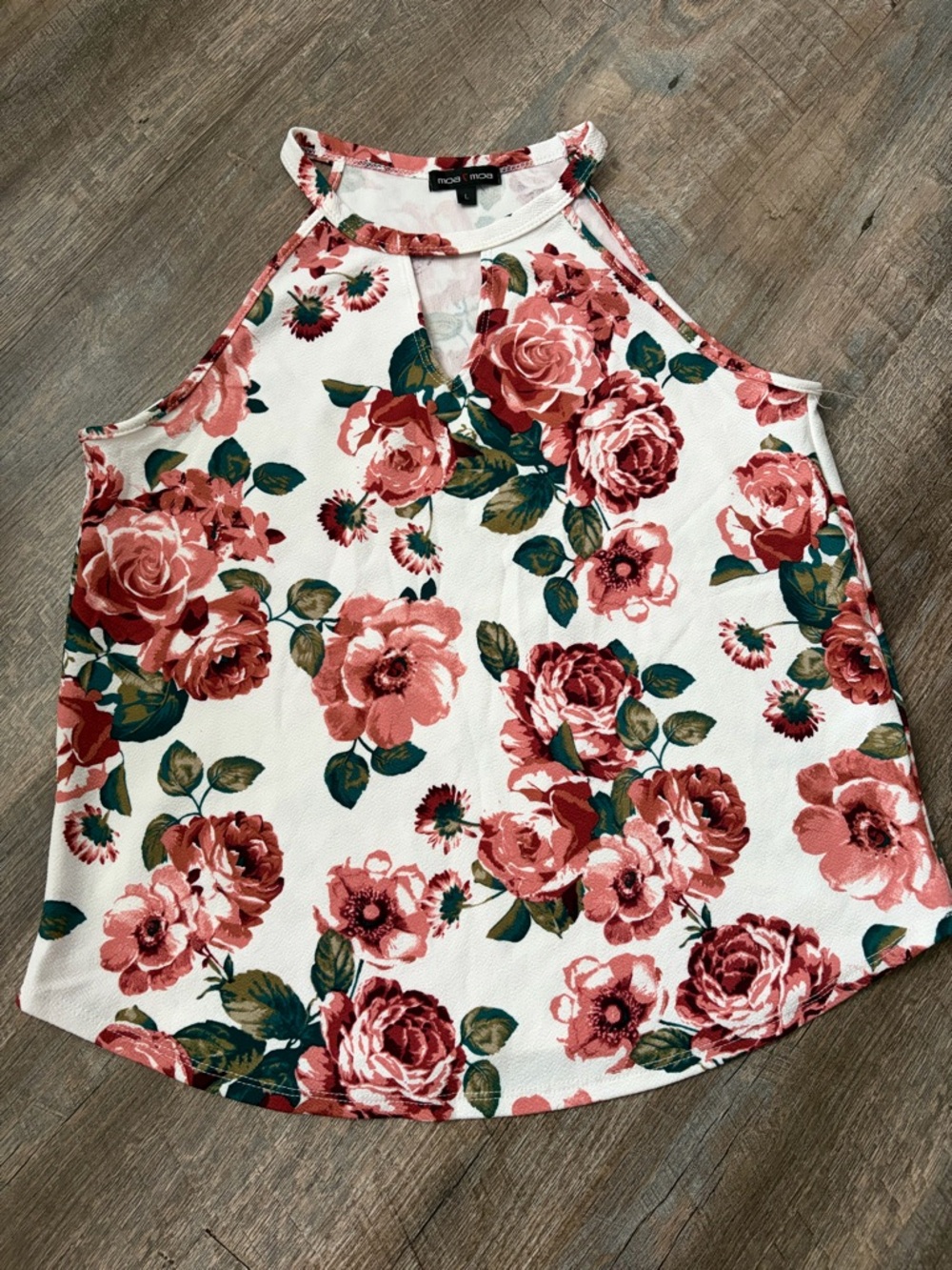 Moa Moa White Floral Halter Camisole with Pink Roses